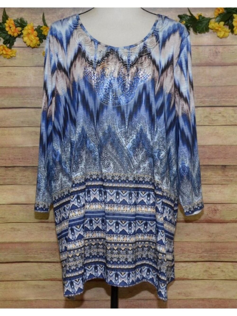 Catherines Womens Blue Embroidered Beaded Blouse Tunic Top Plus Size 1X 18 20W